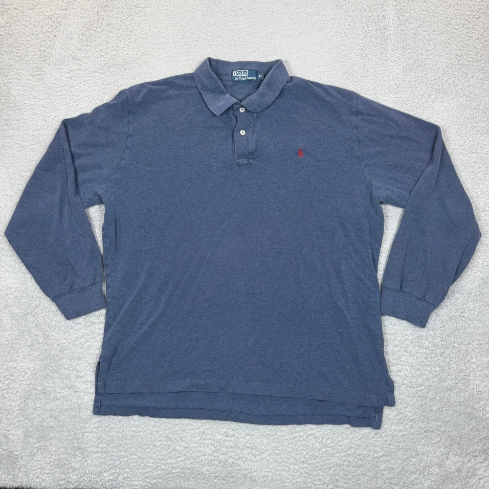 VTG Polo Ralph Lauren Mens XL Long Sleeve Polo Shirt Navy Blue Pony Logo Cotton
